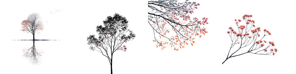 Beautiful, artistic collection of trees showcasing delicate foliage in serene pink and gray hues, perfect for nature-inspired designs, wallpapers, and illustrations