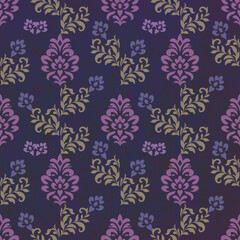 Fototapeta premium Seamless traditional Thai-style floral damask pattern in purple and beige tones on a dark background. Perfect for textile design, wallpaper, luxury packaging, and elegant decorations.