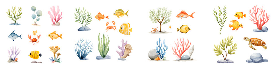 Colorful marine life illustrations with vibrant fish and coral reefs, showcasing playful sea creatures like turtles in an engaging underwater scene, perfect for educational materials or artwork.