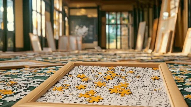 Colorful puzzle pieces scattered across a sunlit floor in a cozy room filled with natural light