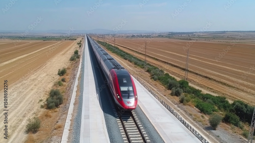 Fototapete A high-speed train at full speed on a wide-open track, surrounded by empty fields and a clear horizon, emphasizing the train's swift motion