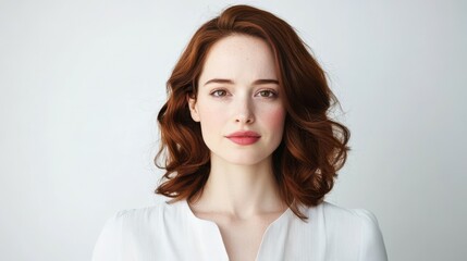 Fototapeta premium Elegant portrait of a woman: A captivating close-up portrait captures the serene beauty of a woman with flowing hair and a gentle gaze, evoking a sense of poise and natural grace.