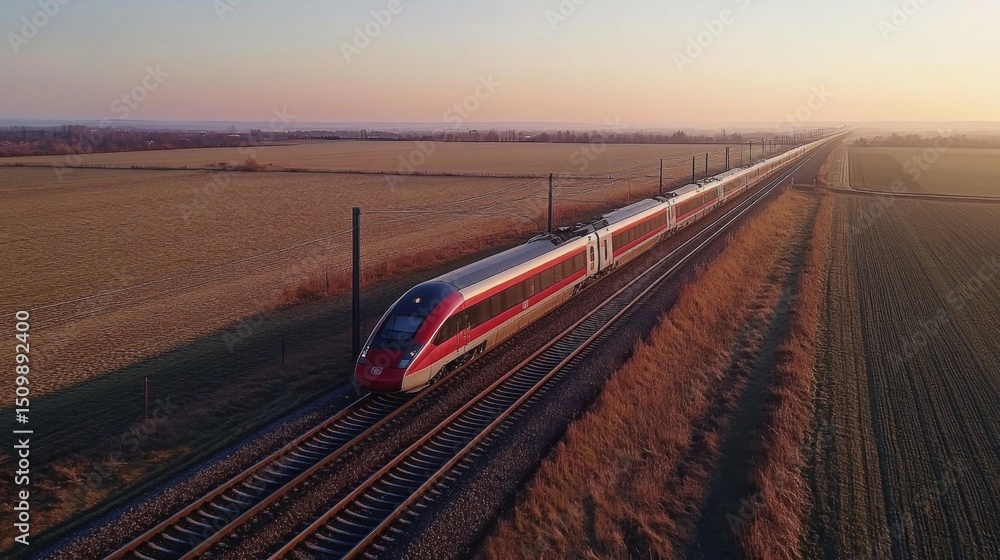Fototapete a high-speed train at full speed on a wide-open track, surrounded by empty fields and a clear horizo