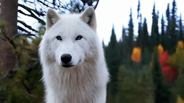 Majestic white wolf portrait amid the colorful autumn forest, showcasing wildlife and nature. Close-up on the wolf's head with coniferous trees backdrop.