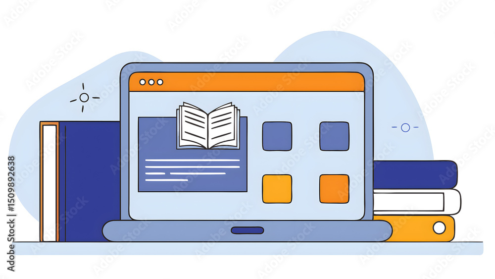 Poster e learning on a laptop learning icon library on the internet website concept of lesson learning e bo