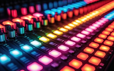 Fototapeta premium Close-up of vibrant illuminated buttons and knobs on a sound mixing console