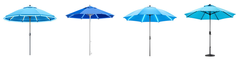 Vibrant blue umbrellas showcasing various shades and designs, perfect for summer patio, beach, or outdoor events with a focus on functionality and style.