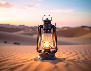 A Vintage Lantern Flickering Alone in an Endless Desert