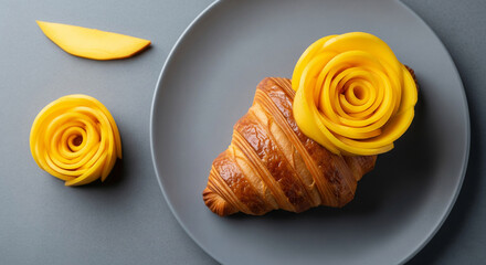 A croissant on a grey plate, adorned with a mango slice carved into a rose shape, with another mango rose and slice nearby
