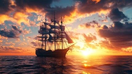 Fototapeta premium A large ship silhouetted against a dramatic sunset over the endless ocean.