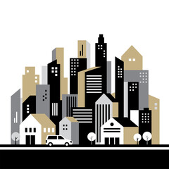 Naklejka premium A vector cityscape with tall buildings and houses in a modern style. Ideal for urban design projects.
