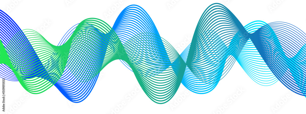 Poster abstract wave pattern with intertwining green and blue linear curves forming smooth sinusoidal shape