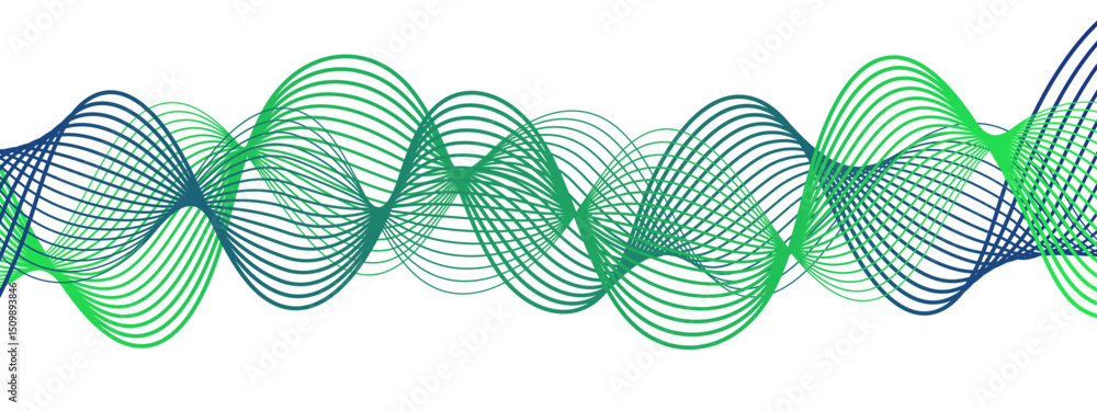 Poster abstract wave pattern with intertwining green and blue linear curves forming smooth sinusoidal shape
