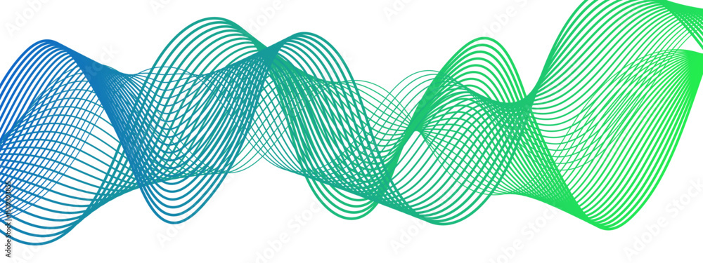 Poster abstract wave pattern with intertwining green and blue linear curves forming smooth sinusoidal shape