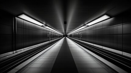 A long, straight subway tunnel with bright lights illuminating the tracks and walls, showcasing the modern architecture and sleek design of the space