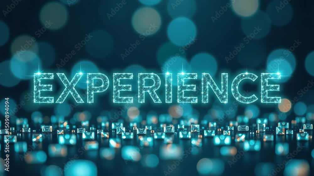 Poster bright blue experience text on a sparkling bokeh background