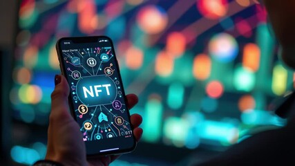 Close-Up of Smartphone Displaying NFT Concepts in Colorful Background - Powered by Adobe
