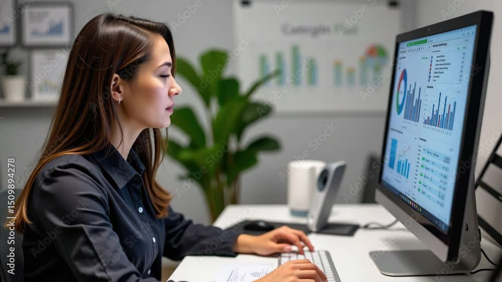 Poster professional woman analyzing data on computer screen in office setup