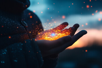 A divine being holding a miniature galaxy in their palms silhouette