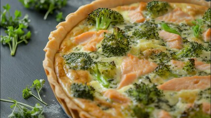 Creamy salmon and broccoli quiche, baked to perfection with a flaky crust, offers a savory filling that delights the palate, making it an ideal choice for any meal or occasion