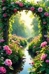 Obraz premium Serene Garden Pathway Pink Roses Frame a Tranquil Stream Flowing Through Lush Blossoms and Greenery