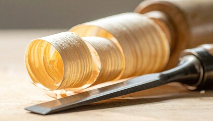 Close Up View Of Wood Shavings And Chisel On Workshop Table