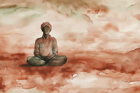 Calm meditation in earthy tones captured through watercolor painting with a serene figure in contemplation. Generative AI