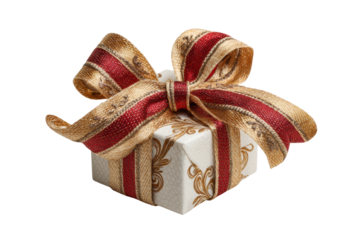 PNG Elegant gold and red bow on wrapped gift box against black background