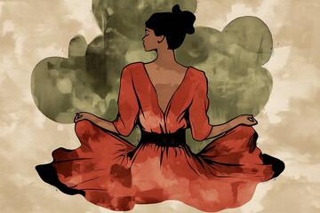 Meditation practice depicted through watercolor painting showing a woman in a serene pose wearing a flowing red dress. Generative AI