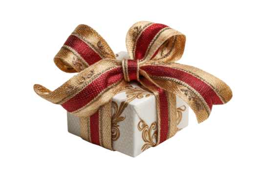 PNG Elegant gold and red bow on wrapped gift box against black background