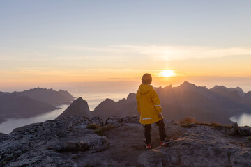 Children and adults, family with dog, hiking Grytetippen trail in Senja, Lofoten on a sunny hot summer day