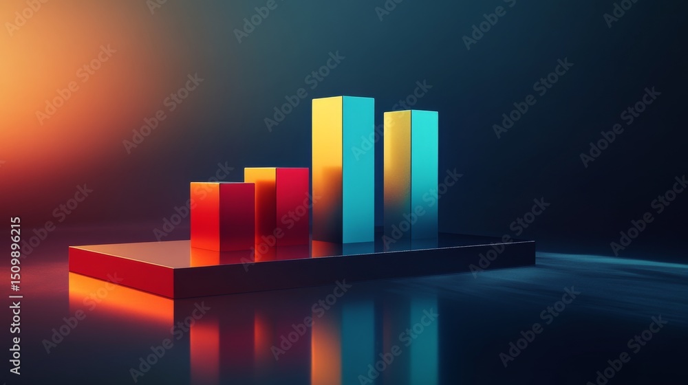 Poster a modern d bar graph in vibrant colors on a dark gradient background, with reflections and shadows e