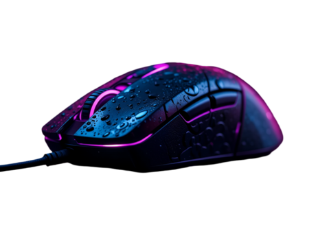 Gaming Mouse with Water Droplets Illuminated by Neon Lighting