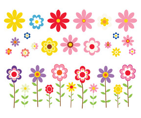 A colorful digital illustration of a variety of flowers in a whimsical, playful style