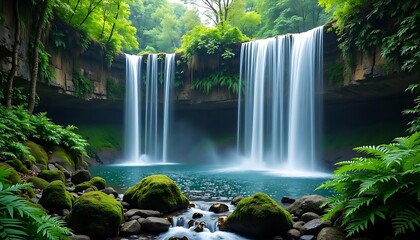Naklejka premium Natural Waterfall in Lush Green Forest Surrounded by Mossy Rocks and Vegetation