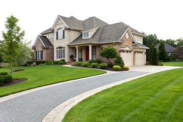 Large house with a driveway and a green lawn