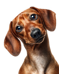 Photorealistic half body portrait of Dachshund with expressive eyes and curious tilt of head, showcasing its unique fur texture and friendly demeanor
