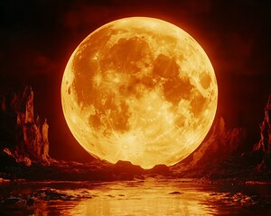 Fiery moon over alien landscape