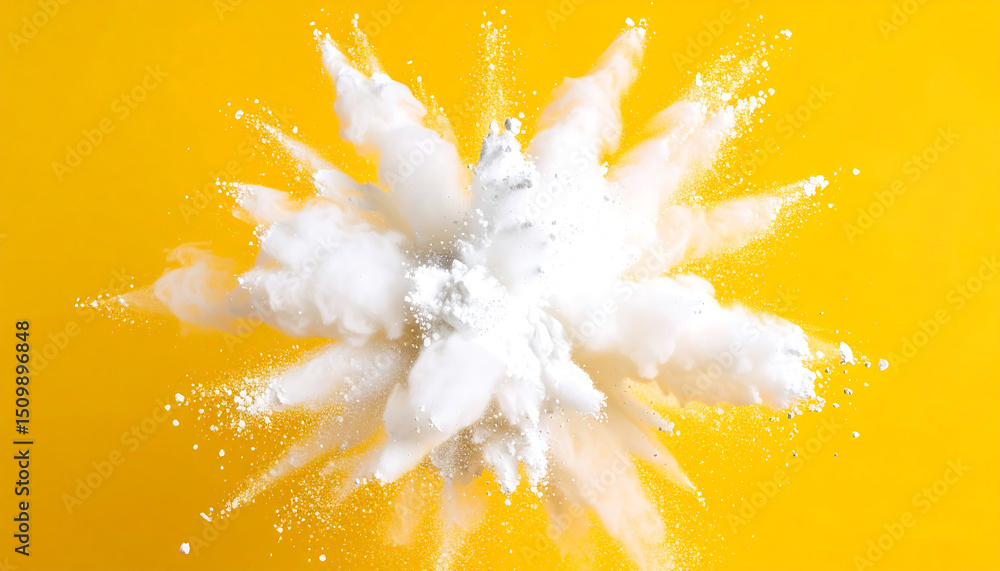 Aufkleber white powder explodes outwards on a vibrant yellow background, creating a dynamic burst of color and