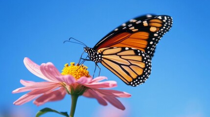 Fototapeta premium A monarch butterfly gracefully perched on a blooming pink flower, collecting nectar under a clear blue sky.