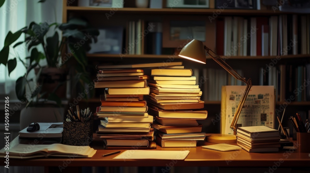 Aufkleber a neatly arranged stack of books on an office desk, with a desk lamp shining on them.