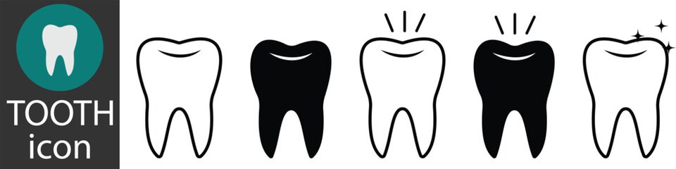 Tooth Icon set. Tooth Symbol isolated white background. White shiny or healthy teeth icon set. Tooth silhouette, vector illustration.