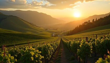Naklejka premium Vineyard Landscape at Sunset with Rolling Hills and Green Grapevines
