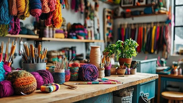 A vibrant crafting corner with brightly colored yarn, needles, and ongoing projects. digital