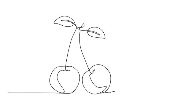 Animation of single continuous line drawing young girl reading leaning next to cherry. Reading fiction seriously. Hobby reading. Girl Reading Book at Vegetables and Fruits. Full length motion