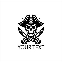 Black Pirate Skull Logo Isolated on White Background, Pirate Skull Silhouette Icon
