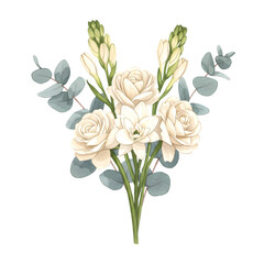 Bouquet Creamy roses white tuberoses eucalyptus branches green stems on black background