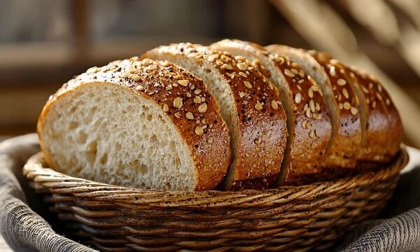 Sliced Brown Bread in Wicker Basket with Golden Crust Rustic Table Still Life