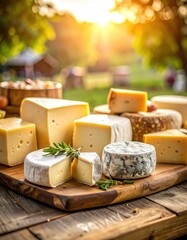 Assorted artisan cheeses on rustic wooden board in sunlit outdoor setting