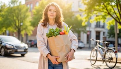 Woman is warmed by sun rays with joyful mood holding a bag with fresh groceries in the background of city street.
